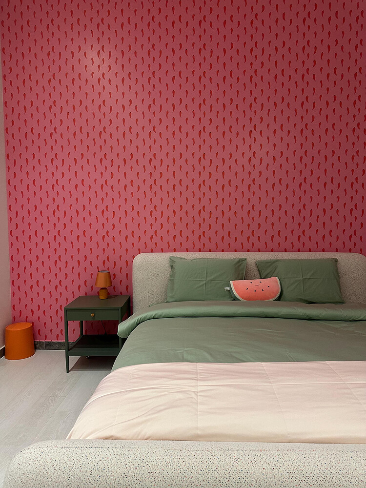 Red hot chili peppers peel and stick wallpaper installed in bedroom - review picture submitted by Jurgis