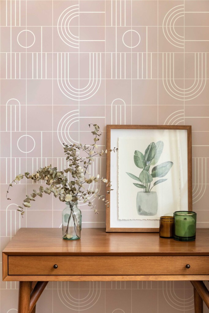 Retro-inspired peel and stick wallpaper by Fancy Walls featuring pink tiles with white lines for a playful accent