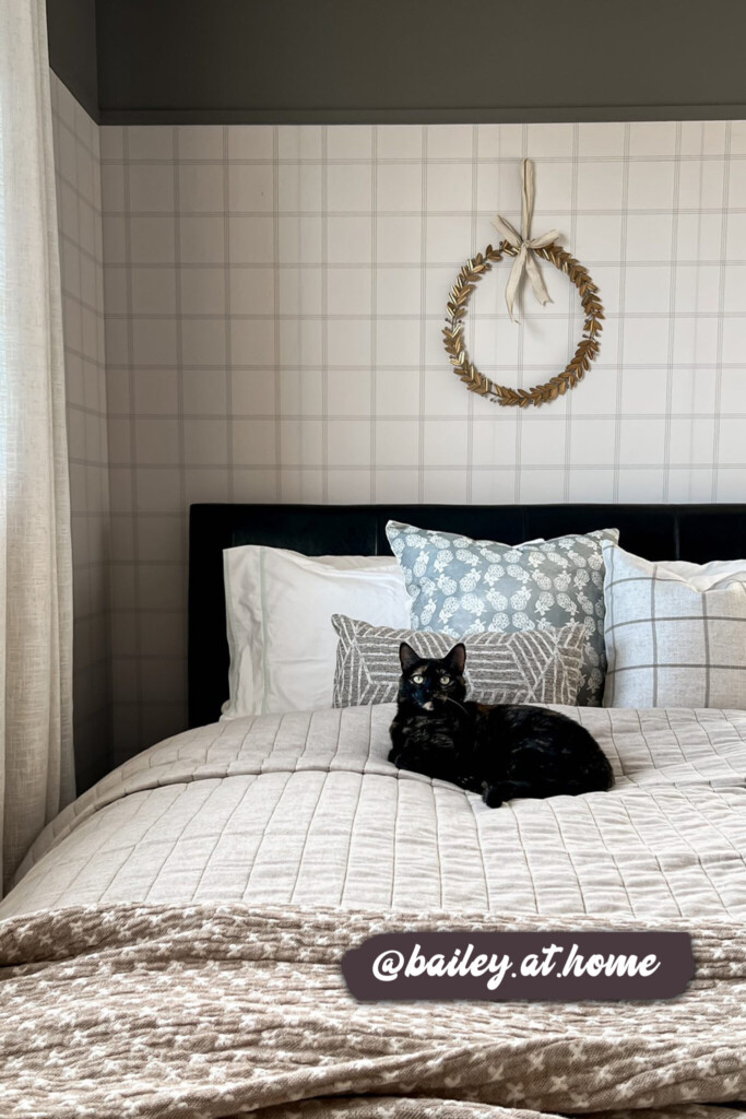 Minimalist grid-patterned wallpaper in a cozy bedroom with soft neutral decor and a black cat resting on the bed