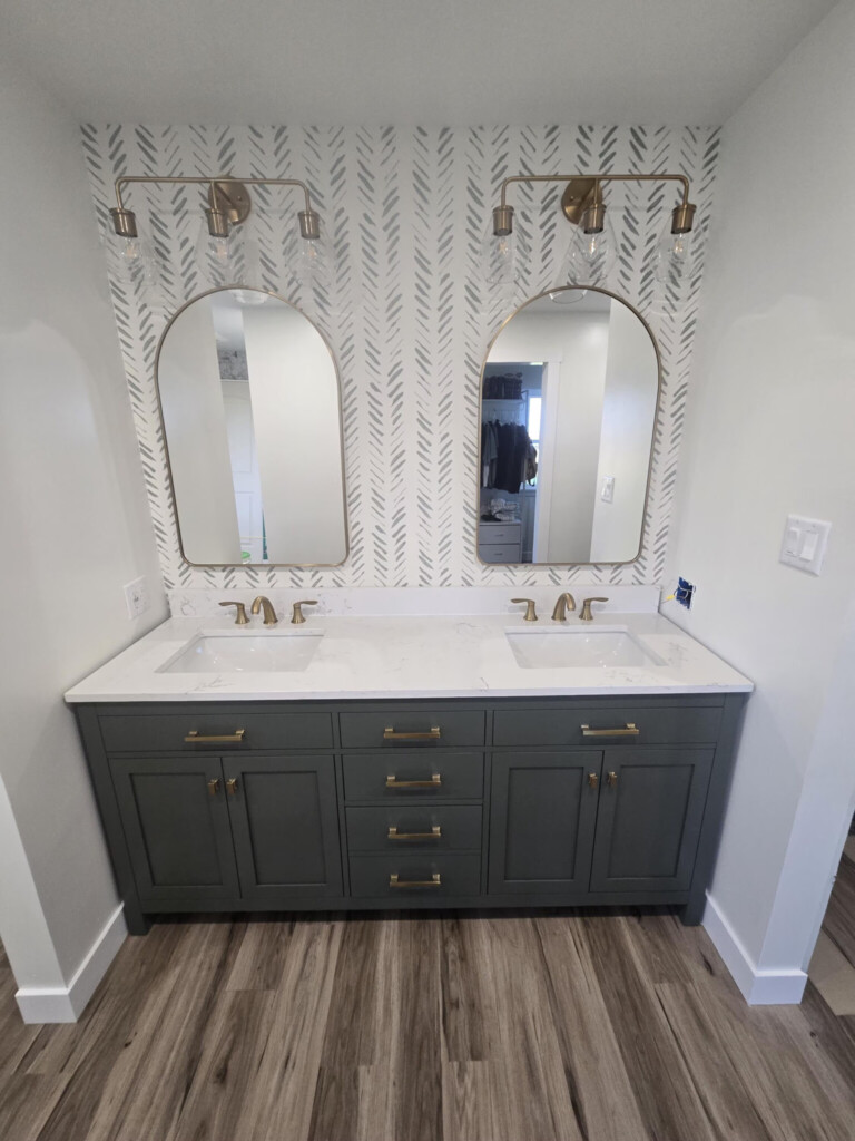 Sage Harmony peel and stick wallpaper installed in powder room - review picture submitted by Jurgis