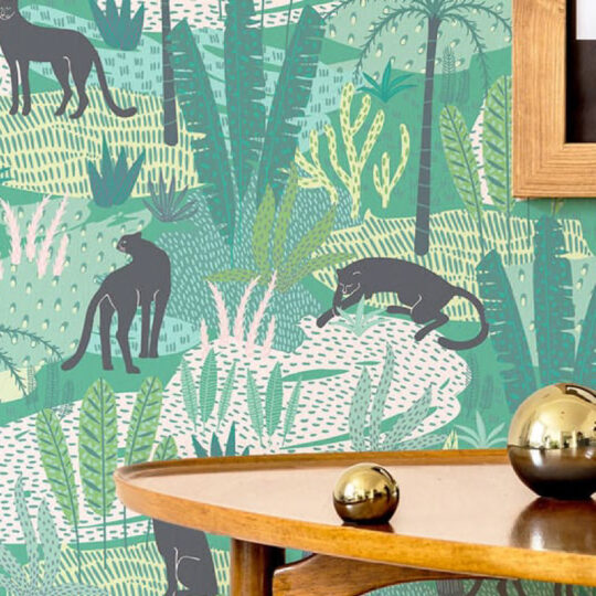 Tropical Cat Green Wallpaper Design