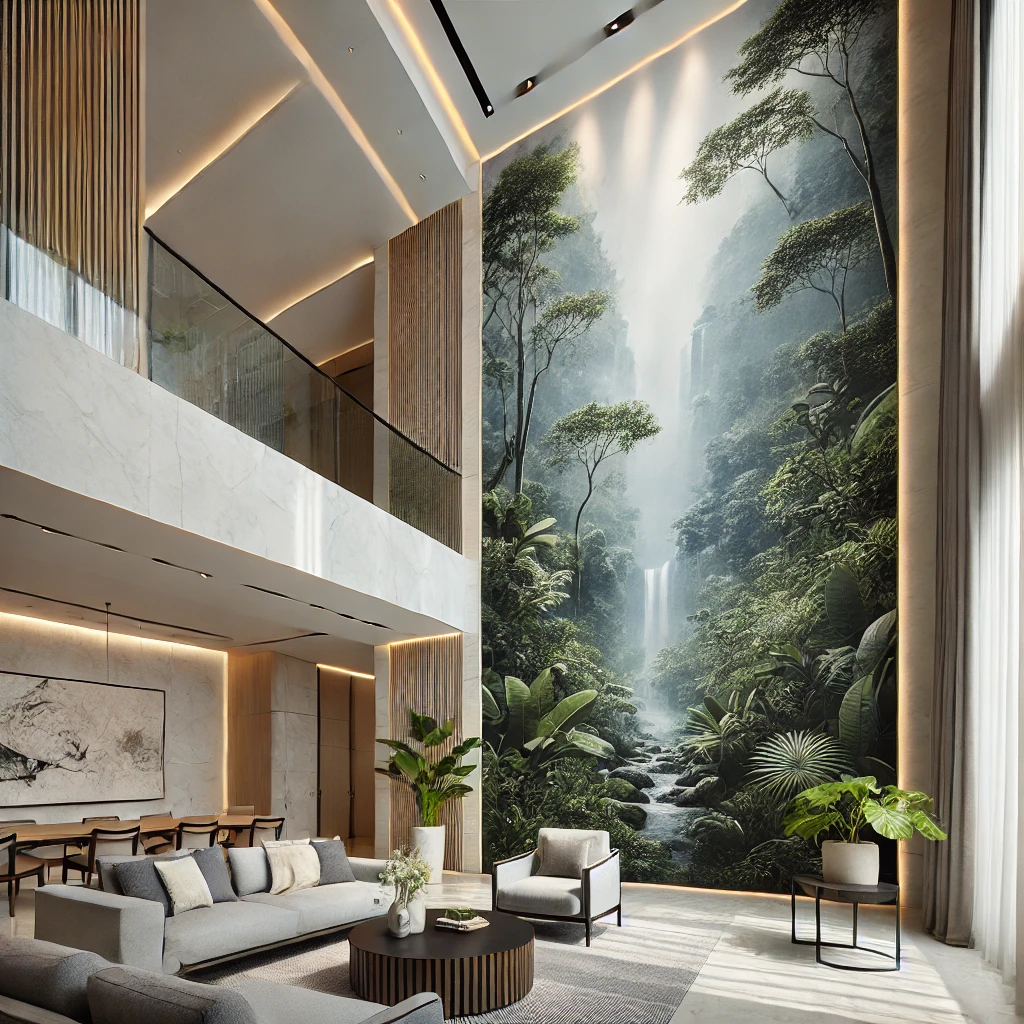 all living room wall covered in a custom wallpaper mural featuring a nature scene, creating dramatic tall wall decor that enhances the vertical space