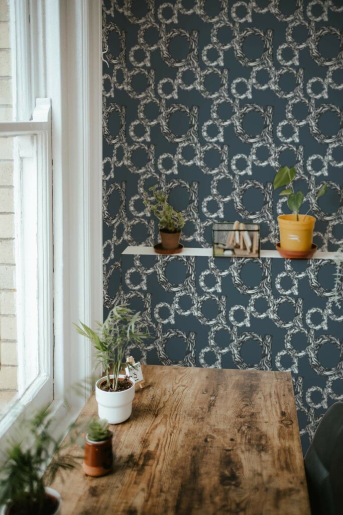 Farmhouse style home office decorated with A pattern peel and stick wallpaper