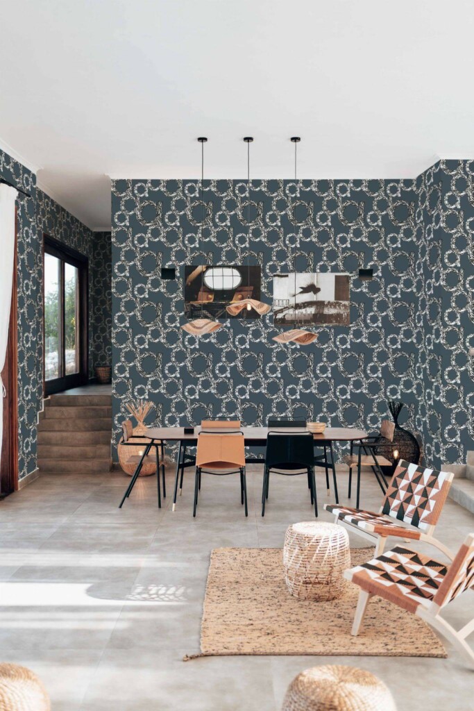 Modern boho style living dining room decorated with A pattern peel and stick wallpaper