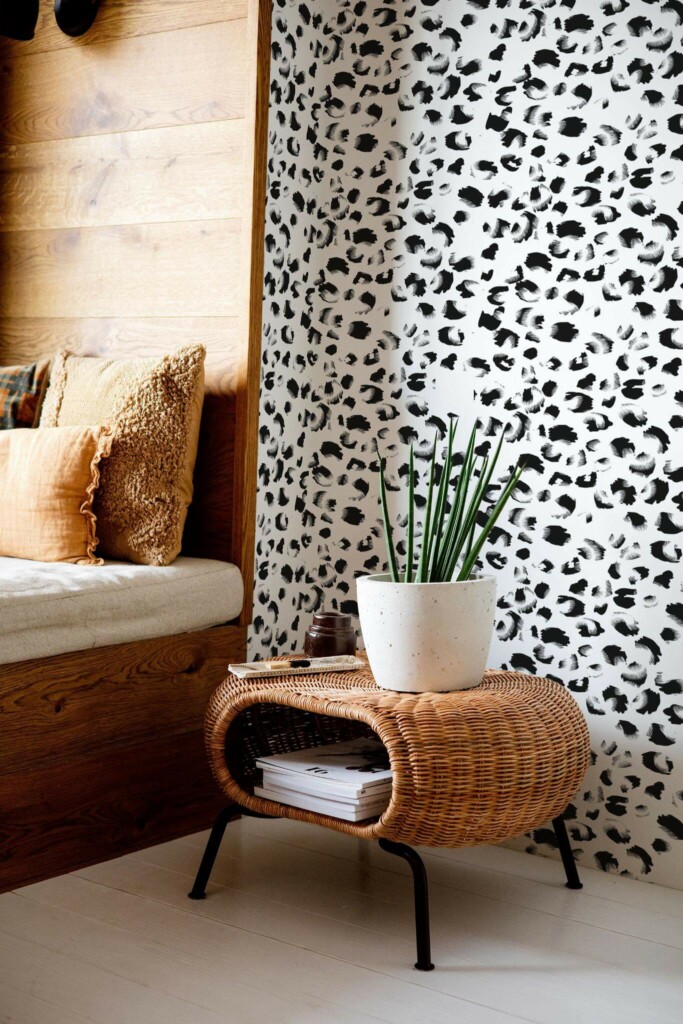 Mid-century modern style bedroom decorated with Abstract Animal print peel and stick wallpaper