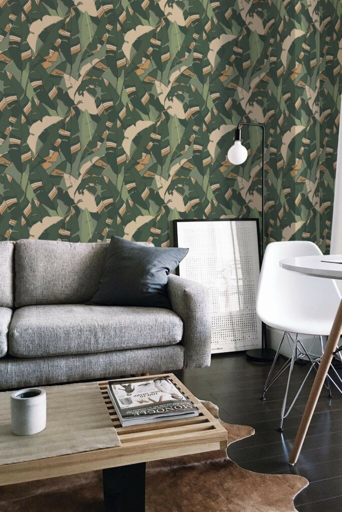 Industrial scandinavian style living room decorated with Abstract Banana leaf peel and stick wallpaper