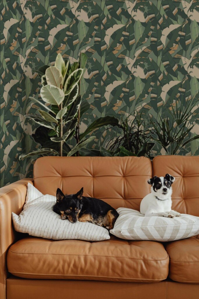 Mid-century modern style living room decorated with Abstract Banana leaf peel and stick wallpaper