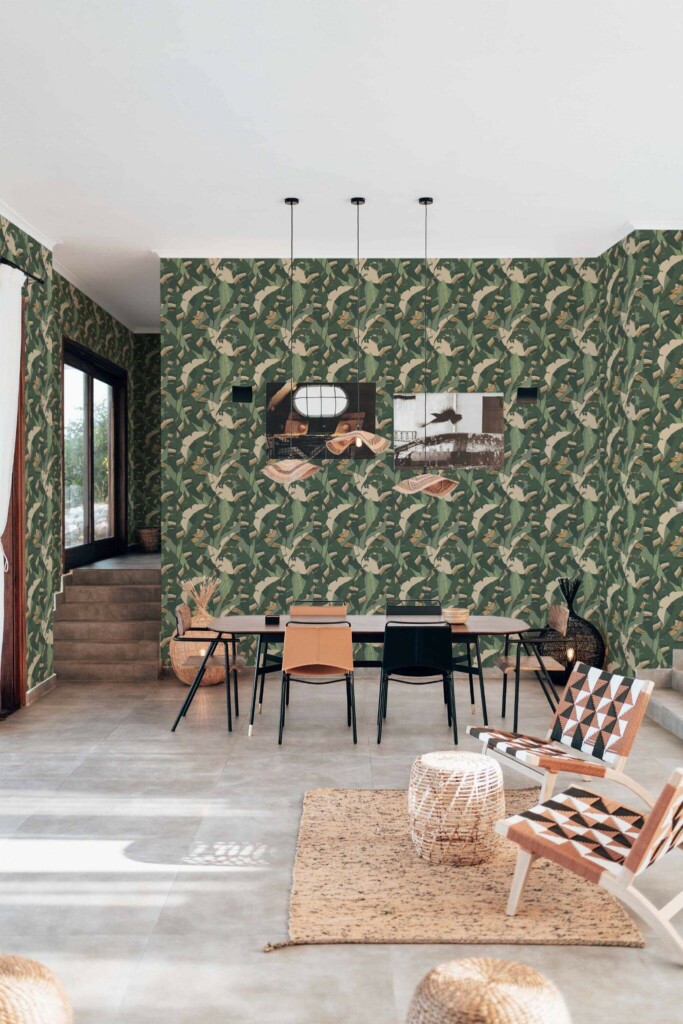 Modern boho style living dining room decorated with Abstract Banana leaf peel and stick wallpaper