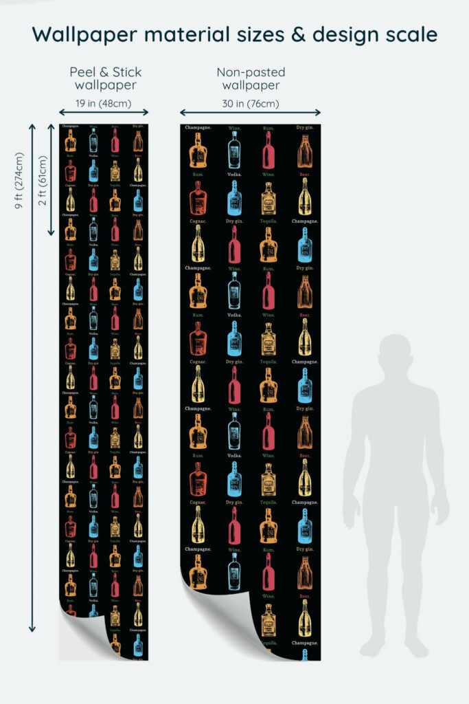 Size comparison of Abstract bar Peel & Stick and Non-pasted wallpapers with design scale relative to human figure