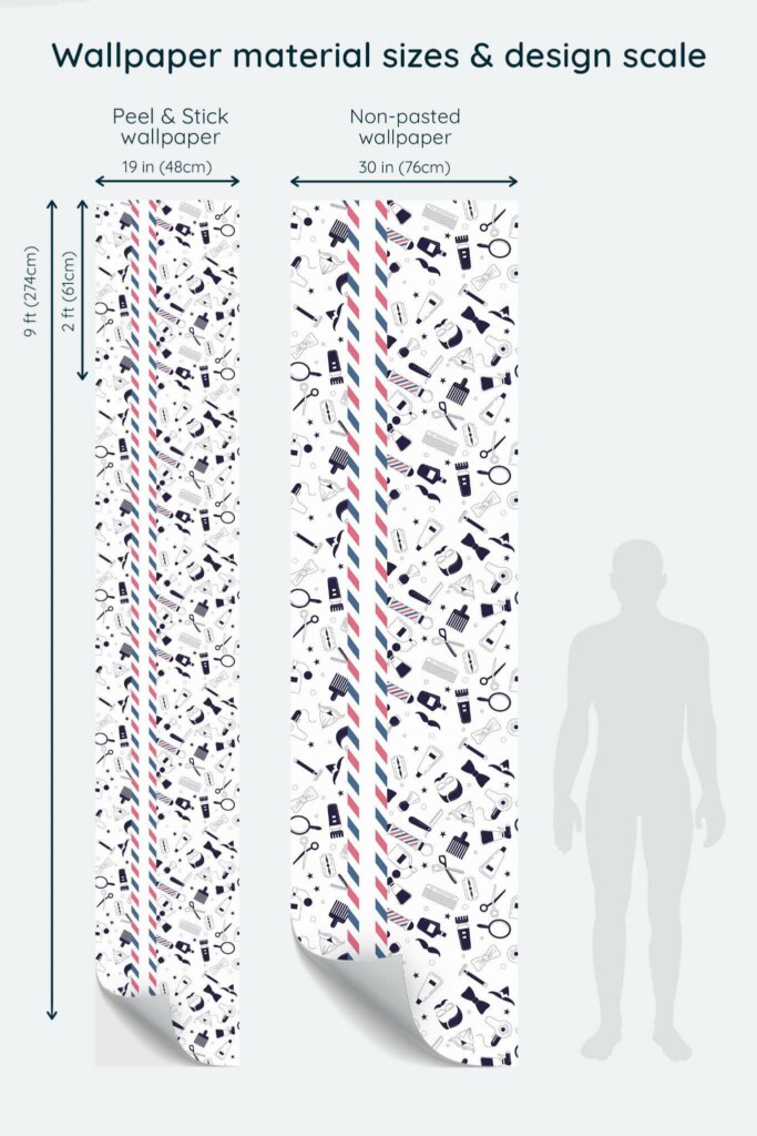 Size comparison of Abstract barber Peel & Stick and Non-pasted wallpapers with design scale relative to human figure
