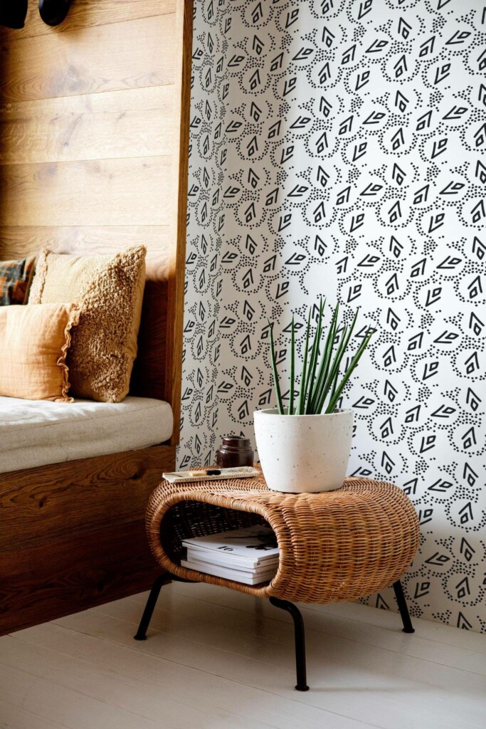 Mid-century modern style bedroom decorated with Abstract Black and white peel and stick wallpaper