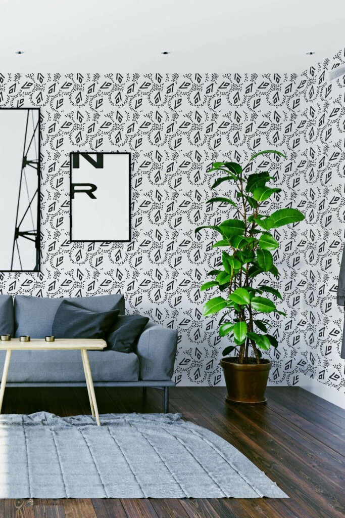 Modern scandinavian style living room decorated with Abstract Black and white peel and stick wallpaper