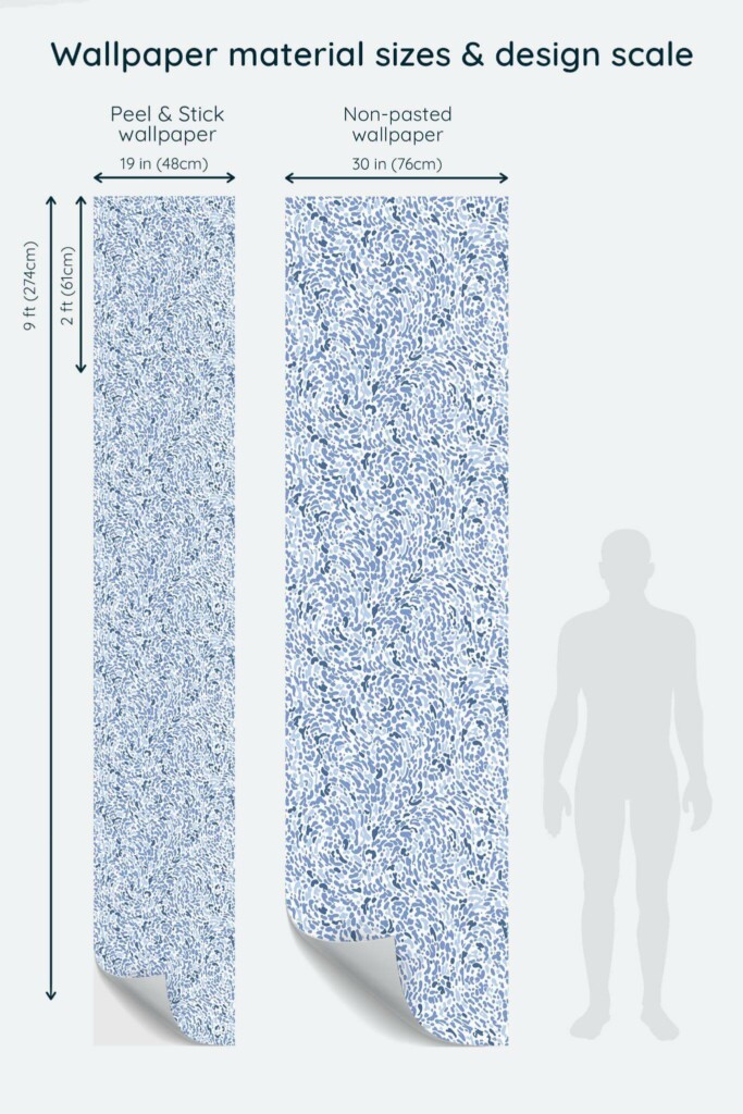 Size comparison of Abstract blue Peel & Stick and Non-pasted wallpapers with design scale relative to human figure