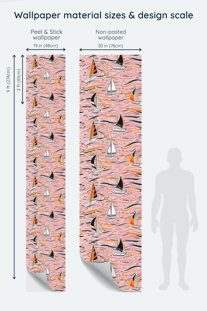 Size comparison of Abstract boat Peel & Stick and Non-pasted wallpapers with design scale relative to human figure