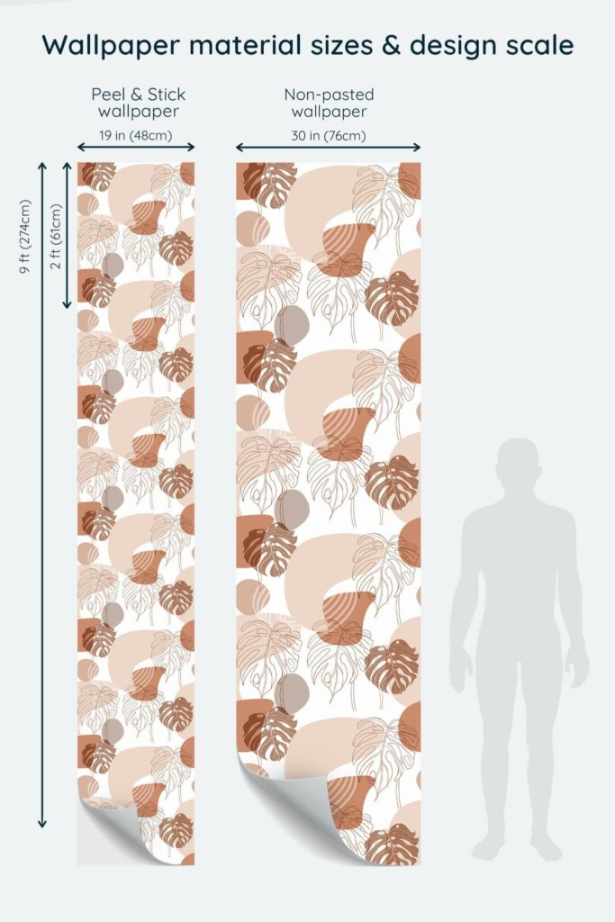Size comparison of Abstract boho leaf Peel & Stick and Non-pasted wallpapers with design scale relative to human figure
