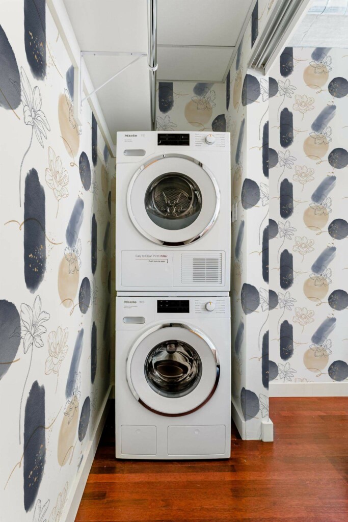 Minimalist style laundry room decorated with Abstract Brush stroke floral peel and stick wallpaper