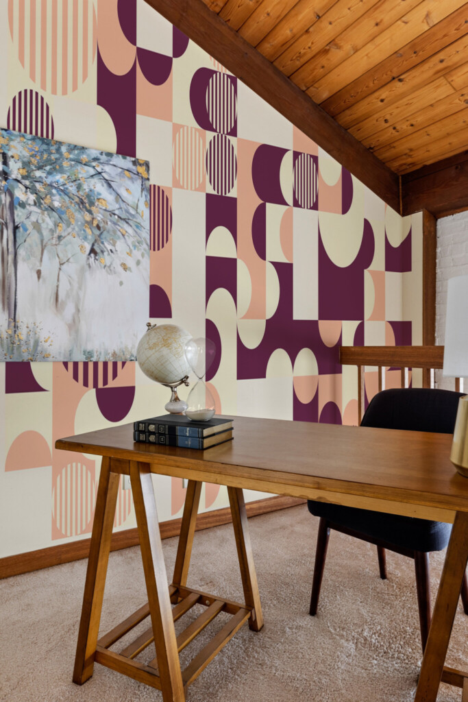 Peel and stick wall murals with retro geometric shapes in burgundy, peach, and cream offer a bold, mid-century look perfect for transforming kitchens or breakfast nooks with warm vintage energy. The Fancy Walls peel and stick or non-pasted wallpaper.