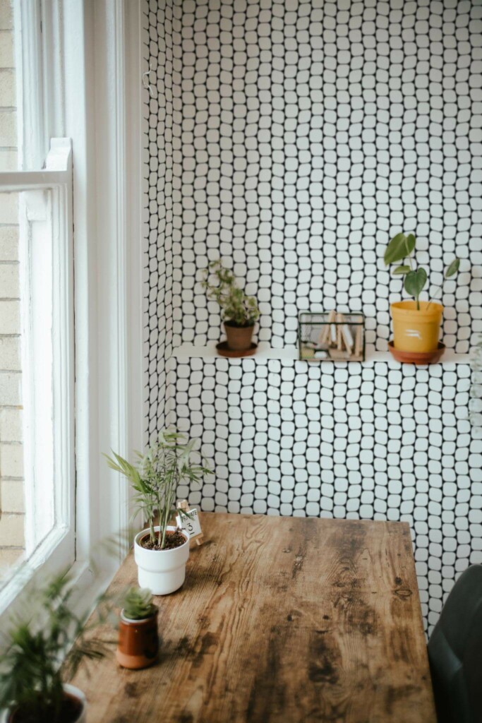 Farmhouse style home office decorated with Abstract cell pattern peel and stick wallpaper
