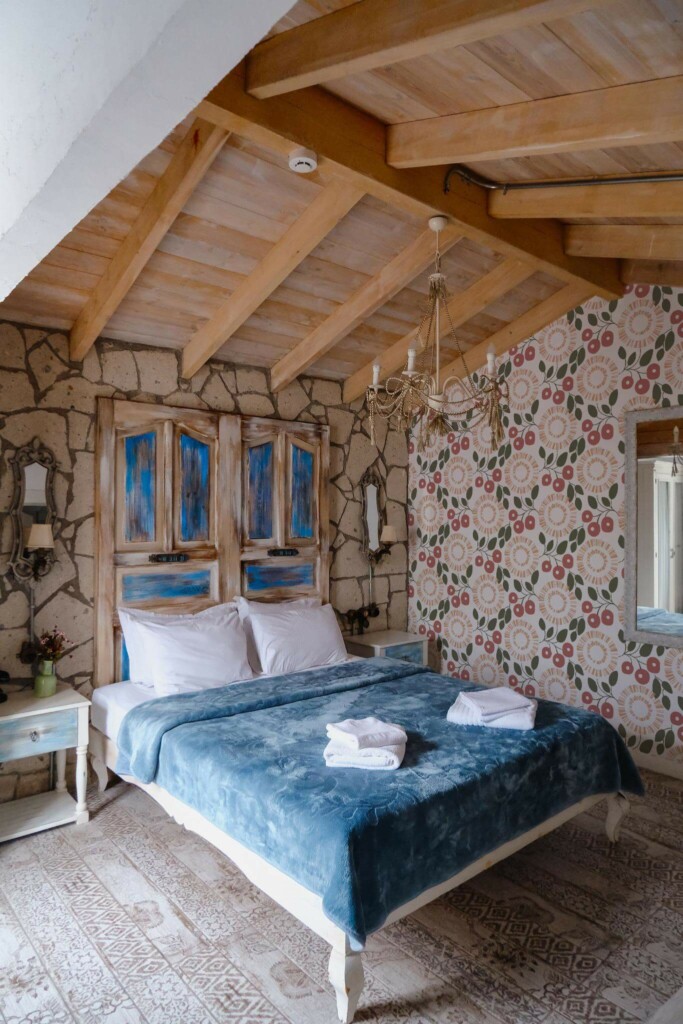 Farmhouse style bedroom decorated with Abstract cherry peel and stick wallpaper