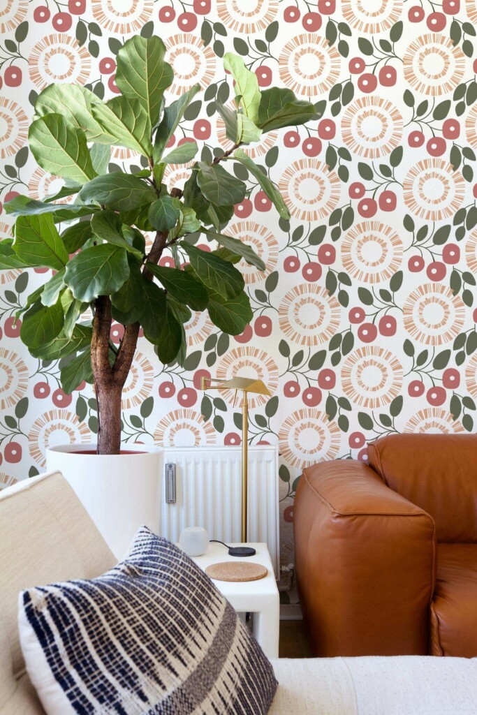 Mid-century style living room decorated with Abstract cherry peel and stick wallpaper