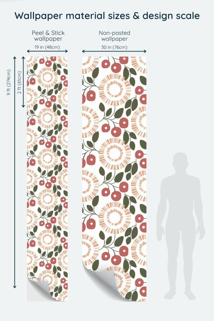 Size comparison of Abstract cherry Peel & Stick and Non-pasted wallpapers with design scale relative to human figure