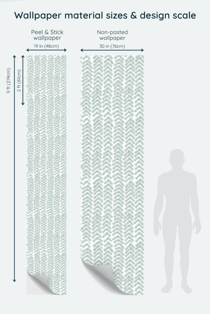 Size comparison of Abstract chevron Peel & Stick and Non-pasted wallpapers with design scale relative to human figure