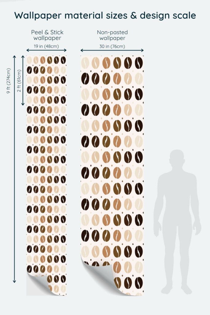 Size comparison of Abstract coffee beans Peel & Stick and Non-pasted wallpapers with design scale relative to human figure