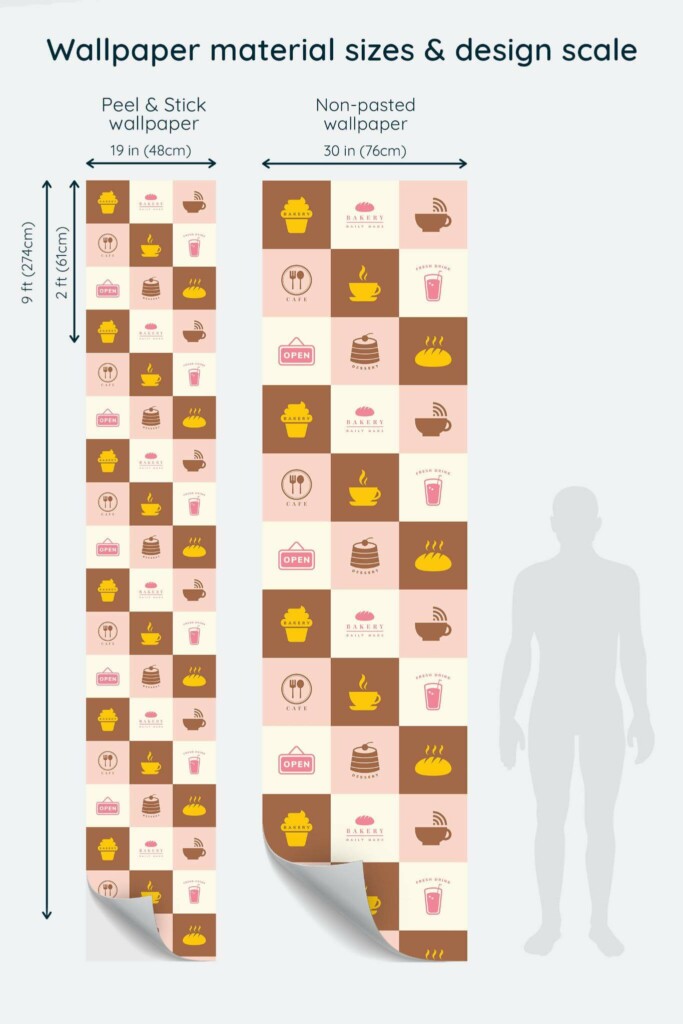 Size comparison of Abstract coffee cafe Peel & Stick and Non-pasted wallpapers with design scale relative to human figure