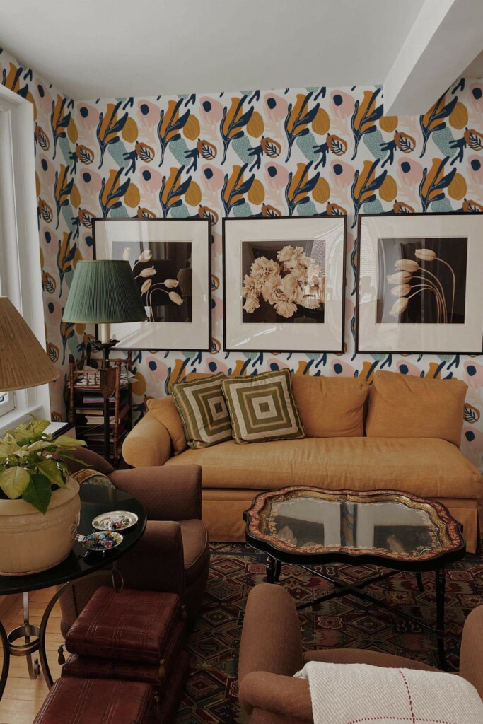 Mid-century eclectic style living room decorated with Abstract corals peel and stick wallpaper