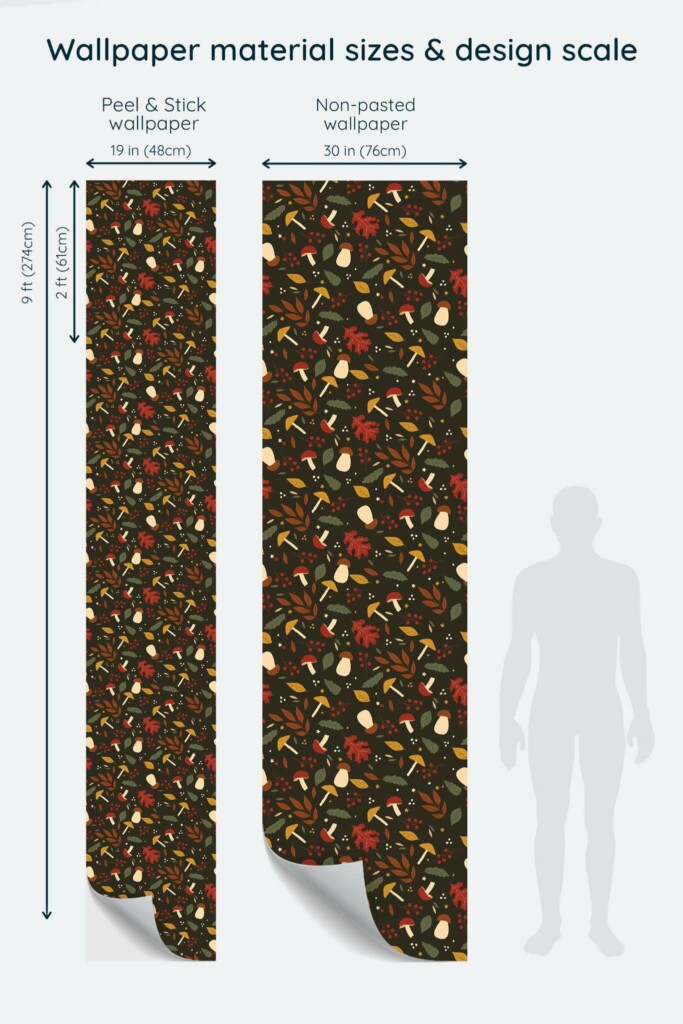 Size comparison of Abstract dark fall Peel & Stick and Non-pasted wallpapers with design scale relative to human figure