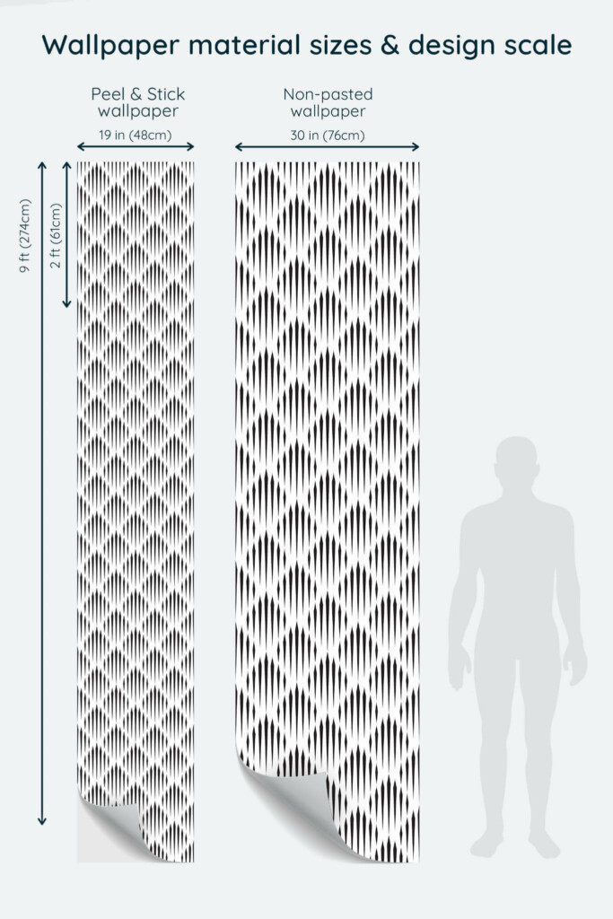 Size comparison of Abstract diamond shape Peel & Stick and Non-pasted wallpapers with design scale relative to human figure