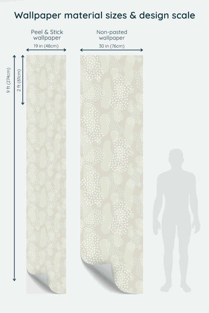 Size comparison of Abstract dotted Peel & Stick and Non-pasted wallpapers with design scale relative to human figure