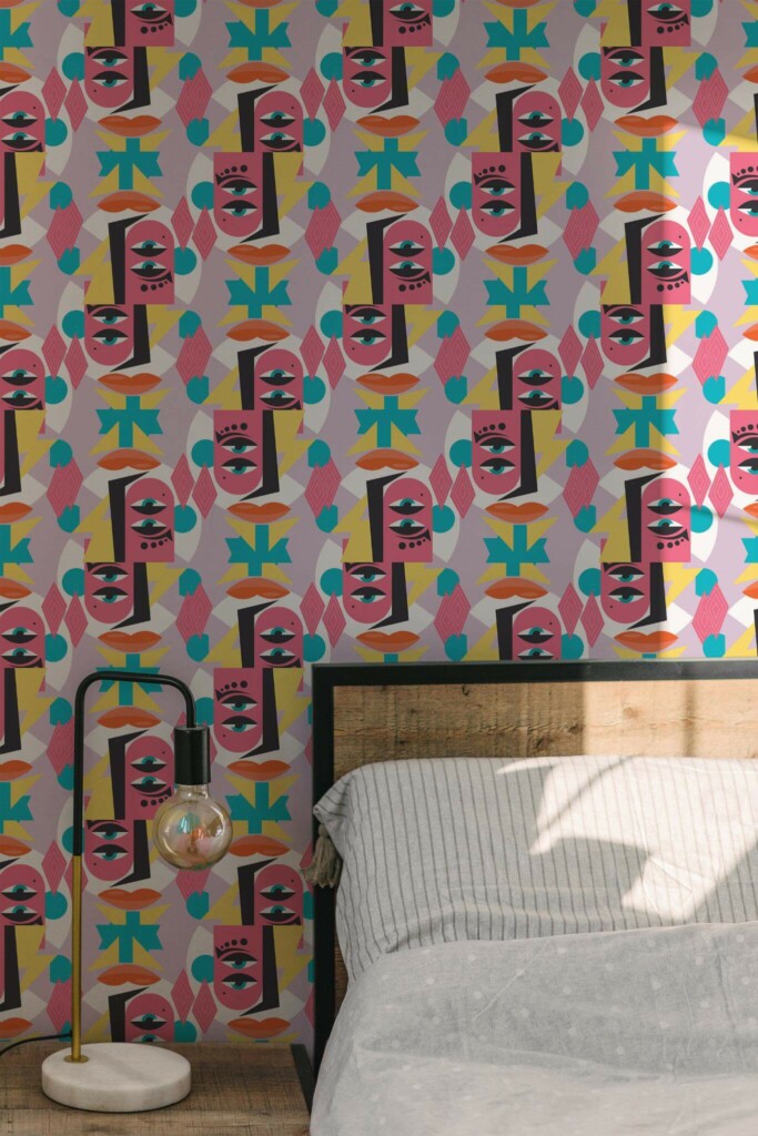 Minimal modern style bedroom decorated with Abstract face peel and stick wallpaper