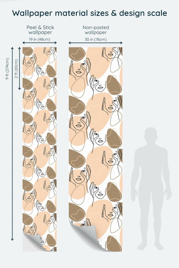 Size comparison of Abstract face Peel & Stick and Non-pasted wallpapers with design scale relative to human figure