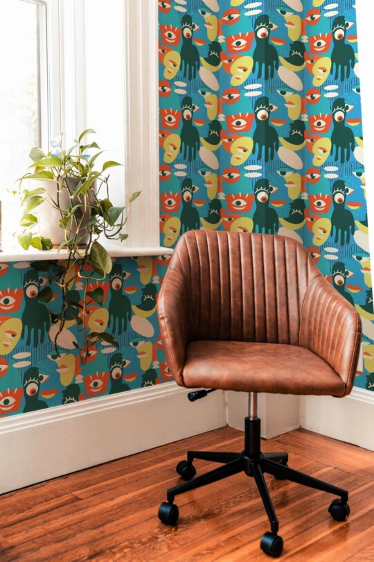Mid-century modern style living room decorated with Abstract faces and eyes peel and stick wallpaper