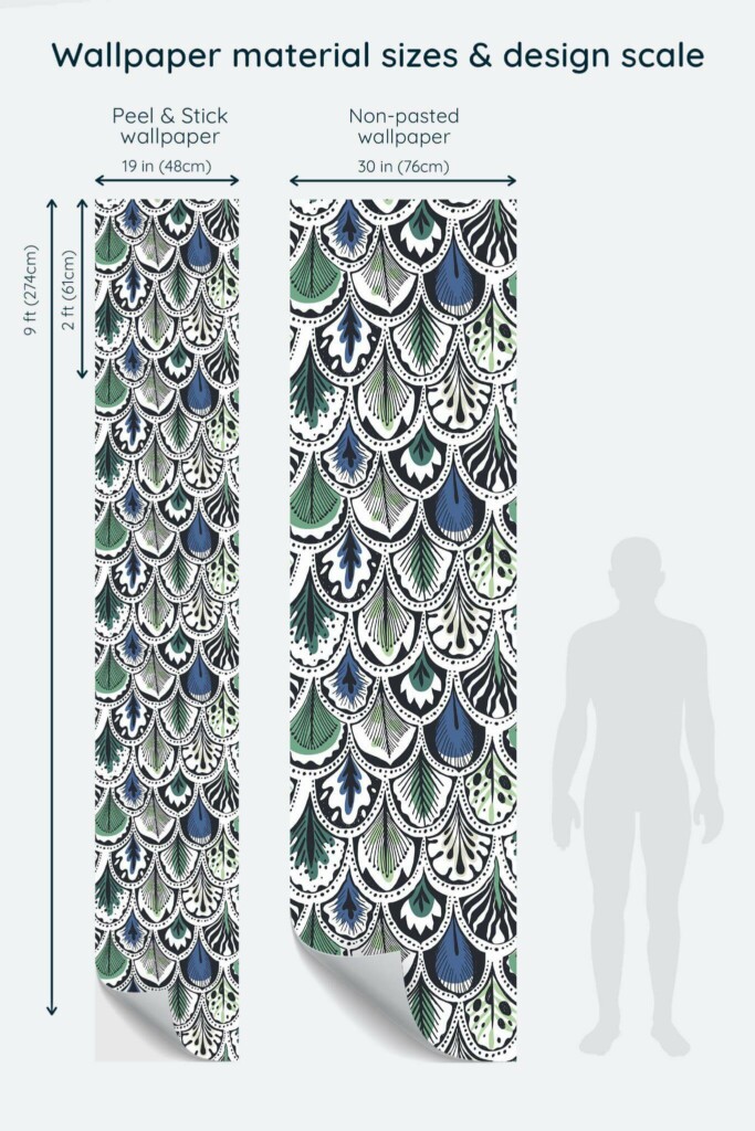 Size comparison of Abstract feather Peel & Stick and Non-pasted wallpapers with design scale relative to human figure