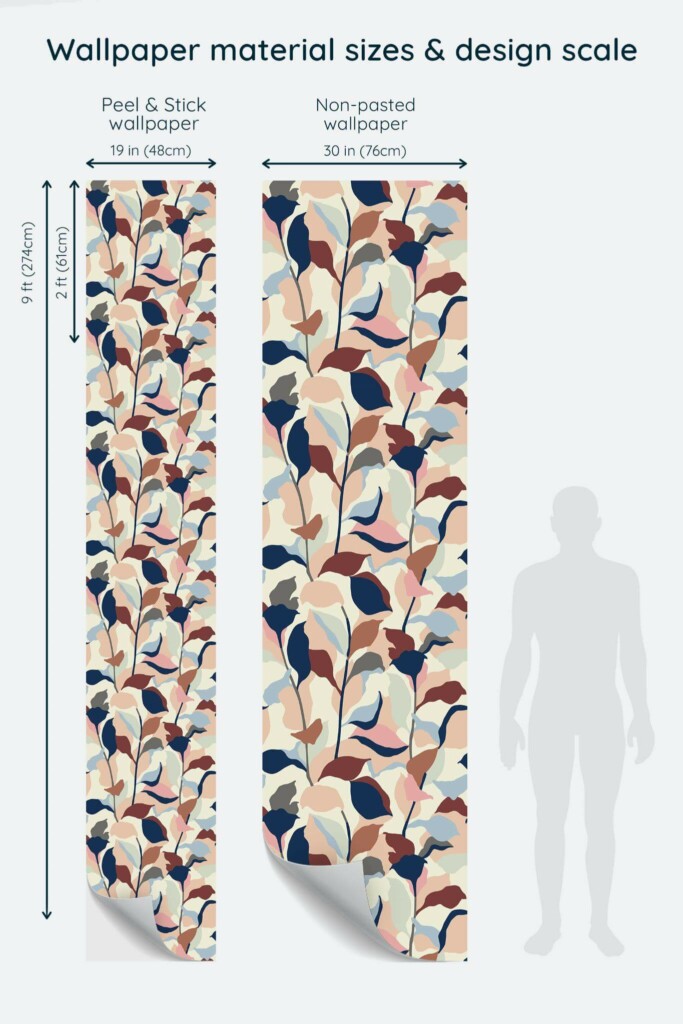 Size comparison of Abstract floral design Peel & Stick and Non-pasted wallpapers with design scale relative to human figure