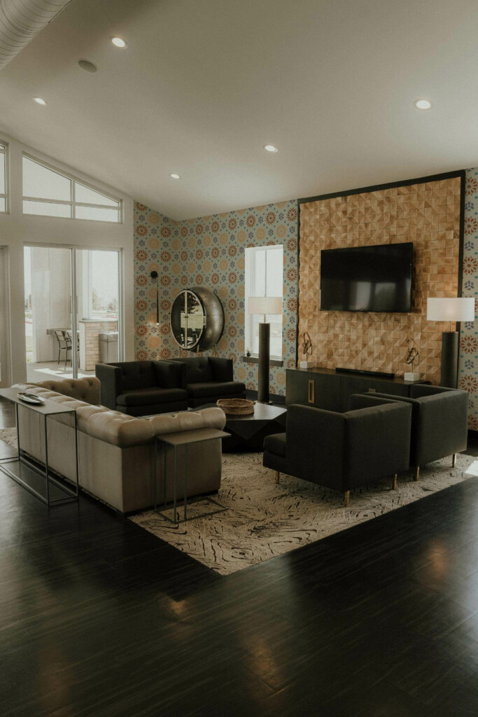 Hollywood glam style living room decorated with Abstract floral peel and stick wallpaper
