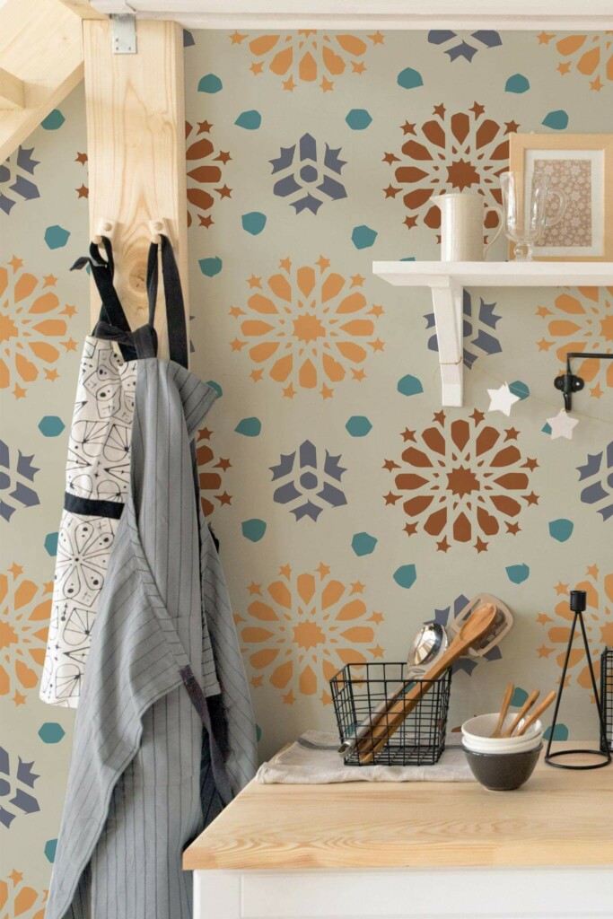 Minimal scandinavian style kitchen decorated with Abstract floral peel and stick wallpaper