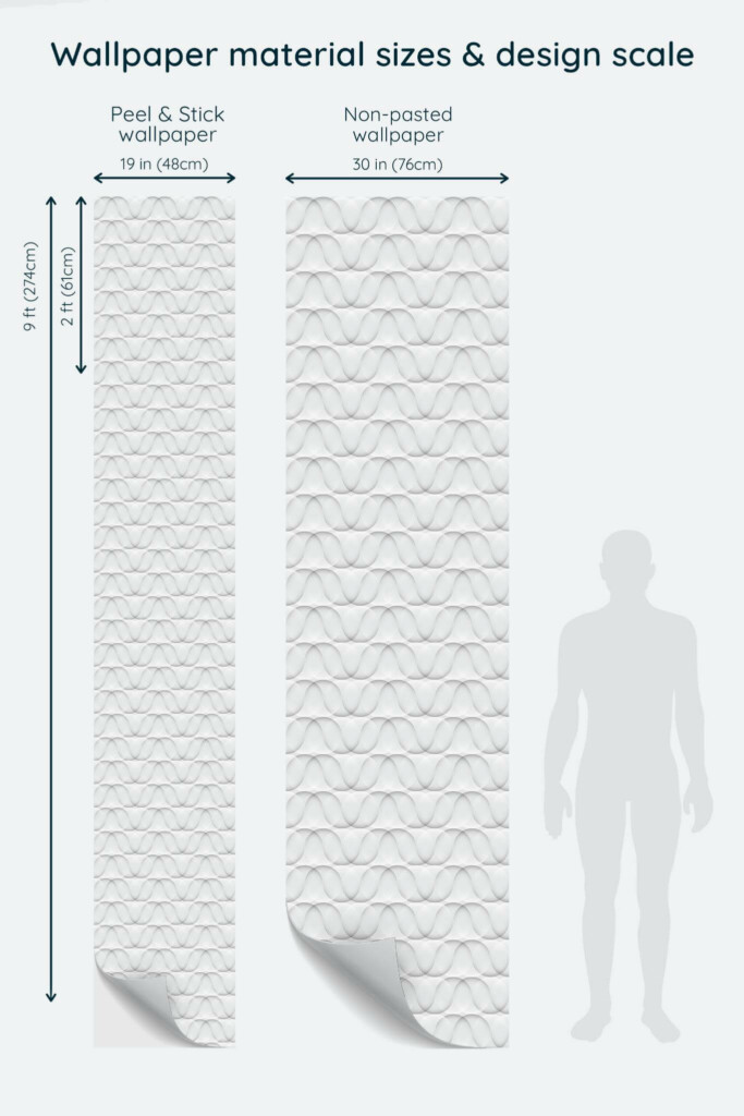 Size comparison of Abstract geometric circle Peel & Stick and Non-pasted wallpapers with design scale relative to human figure