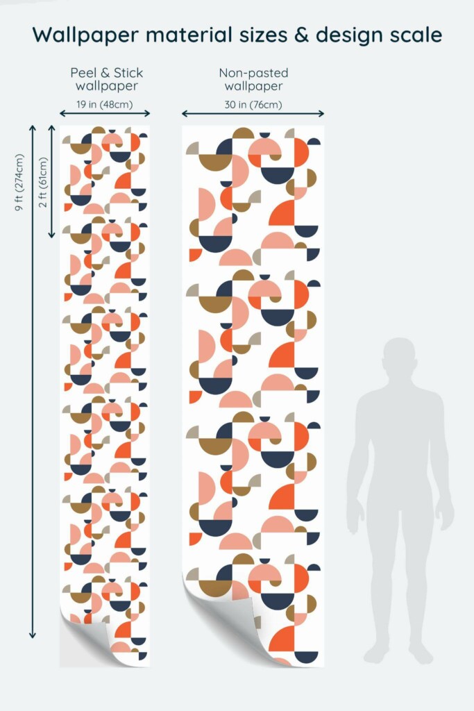 Size comparison of Abstract geometric circles Peel & Stick and Non-pasted wallpapers with design scale relative to human figure