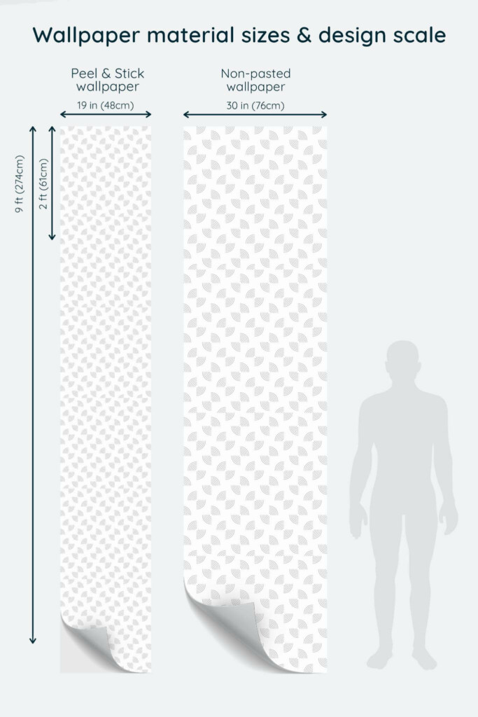 Size comparison of Abstract geometric semi-circle Peel & Stick and Non-pasted wallpapers with design scale relative to human figure