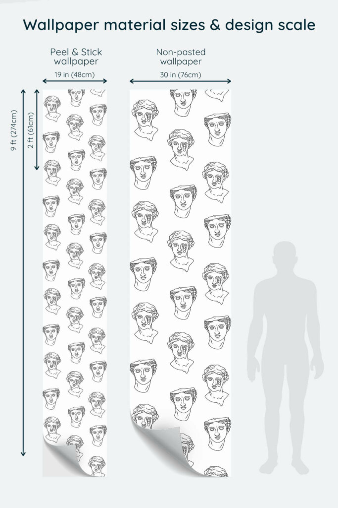 Size comparison of Abstract greek head Peel & Stick and Non-pasted wallpapers with design scale relative to human figure