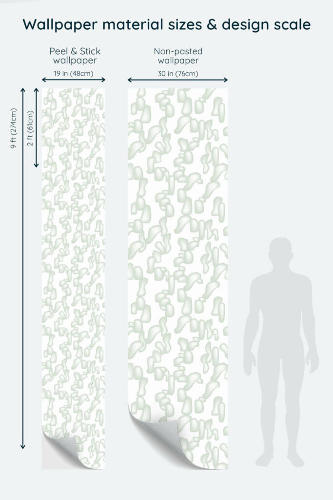 Size comparison of Abstract green modern shapes Peel & Stick and Non-pasted wallpapers with design scale relative to human figure
