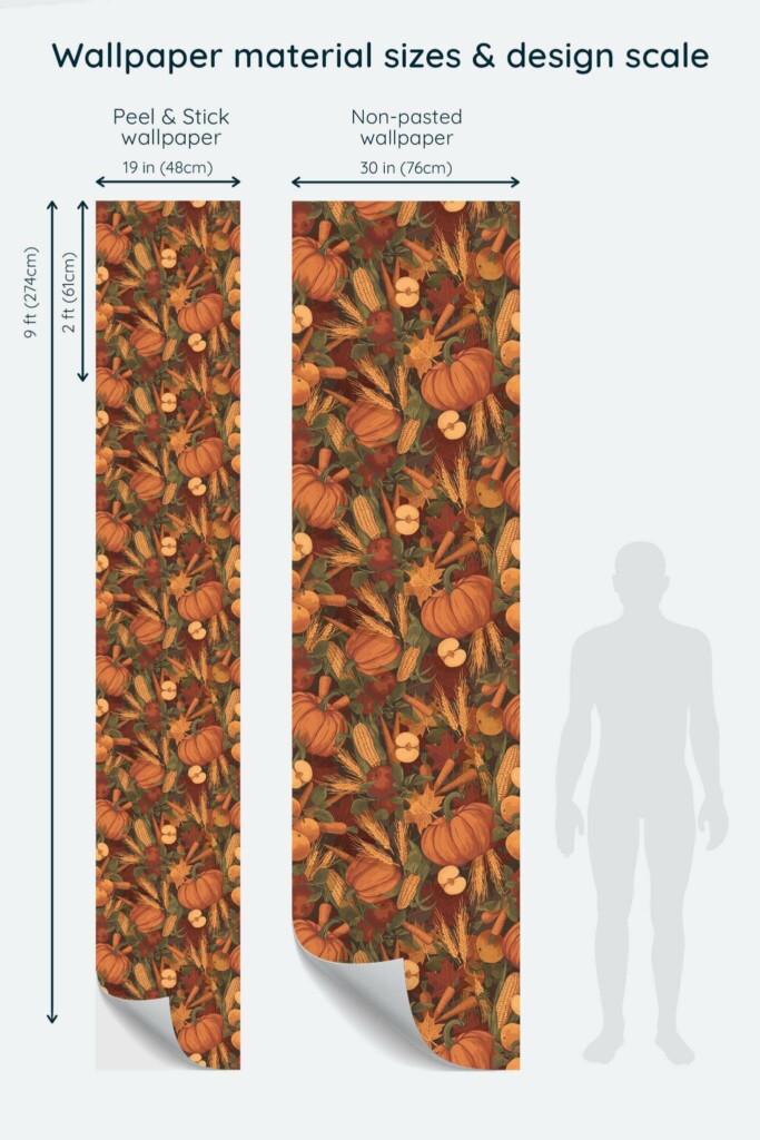 Size comparison of Abstract harvest Peel & Stick and Non-pasted wallpapers with design scale relative to human figure