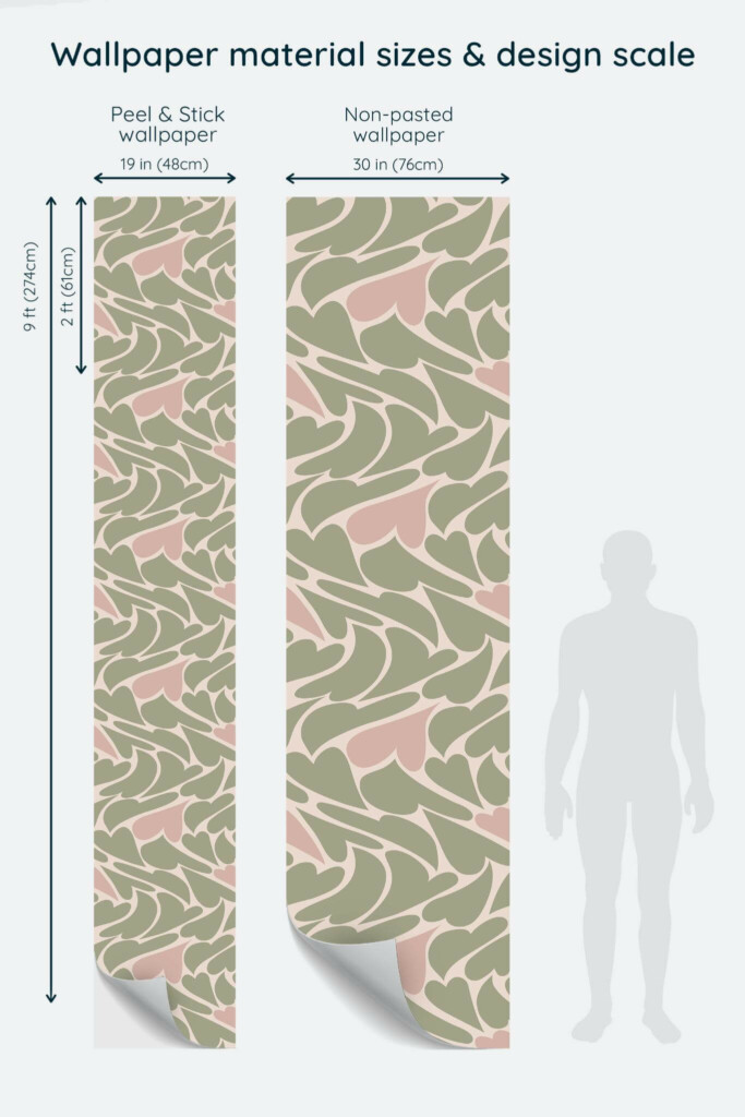 Size comparison of Abstract heart Peel & Stick and Non-pasted wallpapers with design scale relative to human figure
