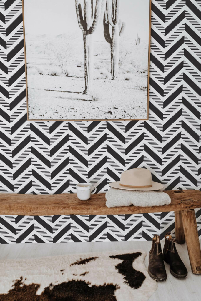 Scandinavian style entryway decorated with Abstract herringbone peel and stick wallpaper