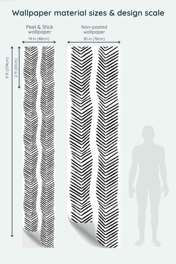 Size comparison of Abstract herringbone Peel & Stick and Non-pasted wallpapers with design scale relative to human figure