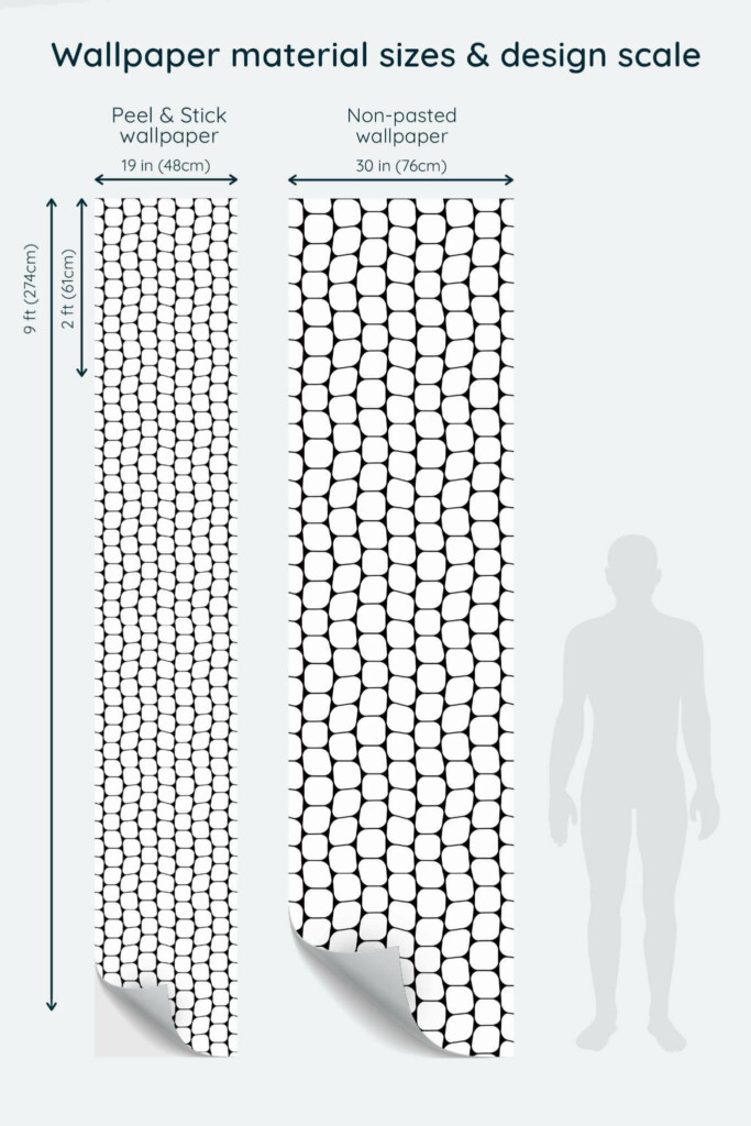 Size comparison of Abstract honeycomb Peel & Stick and Non-pasted wallpapers with design scale relative to human figure