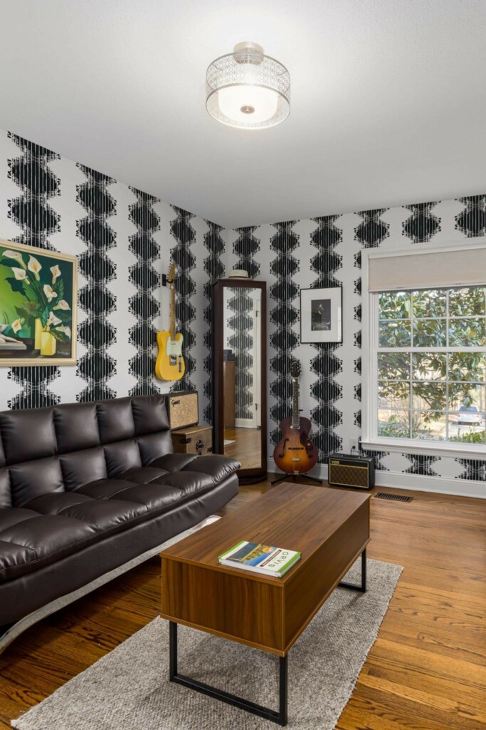 Mid-century style living room decorated with Abstract ikat peel and stick wallpaper and music instruments